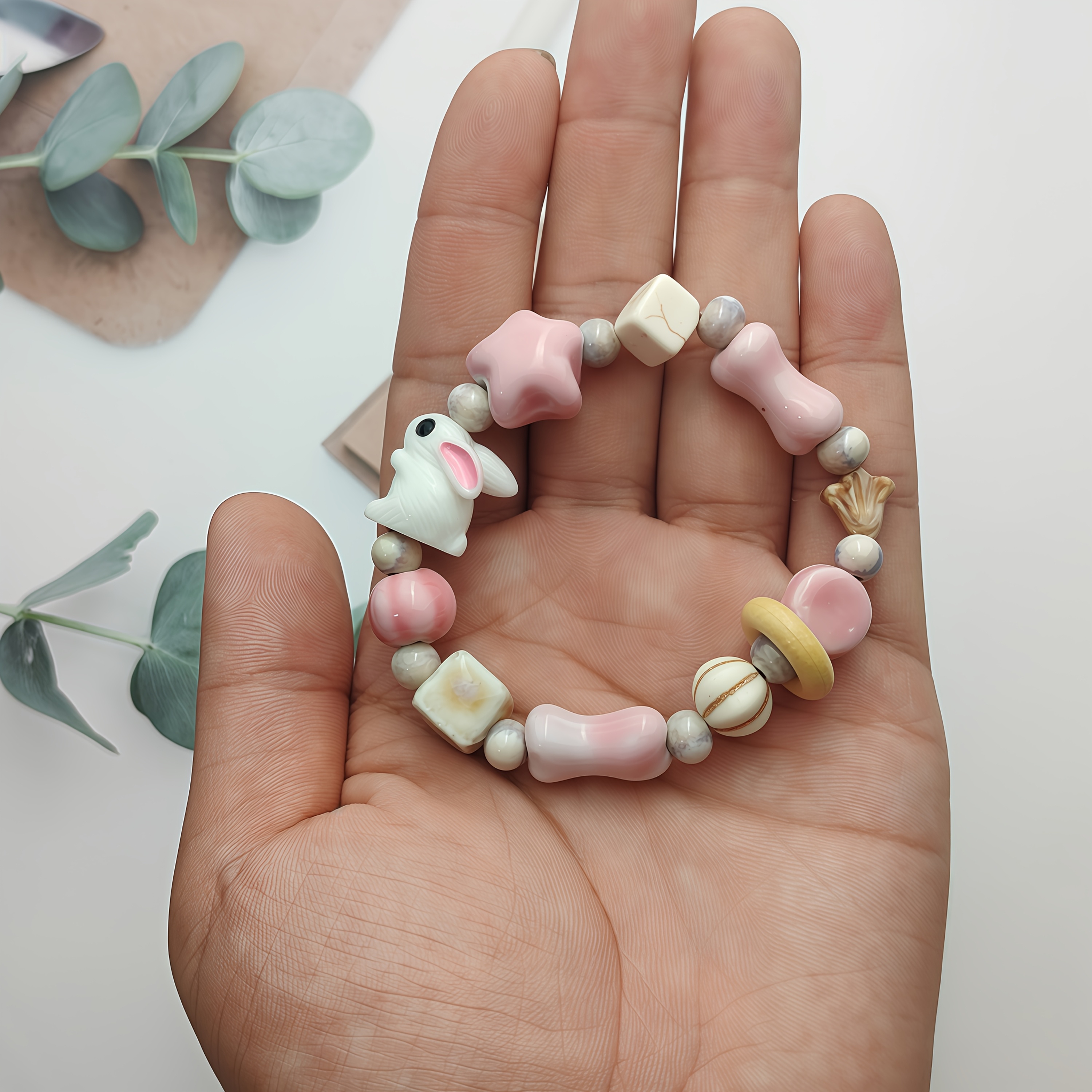 Vintage Style Ceramic Rabbit & Elephant Beaded Bracelet